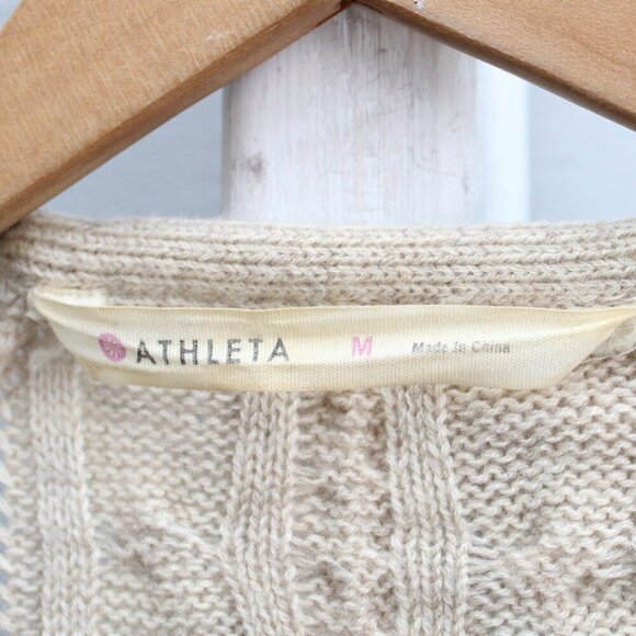 Athleta Tan Oatmeal Cable Knit Merino Wool Open Front Cardigan Size Medium - Picture 3 of 4